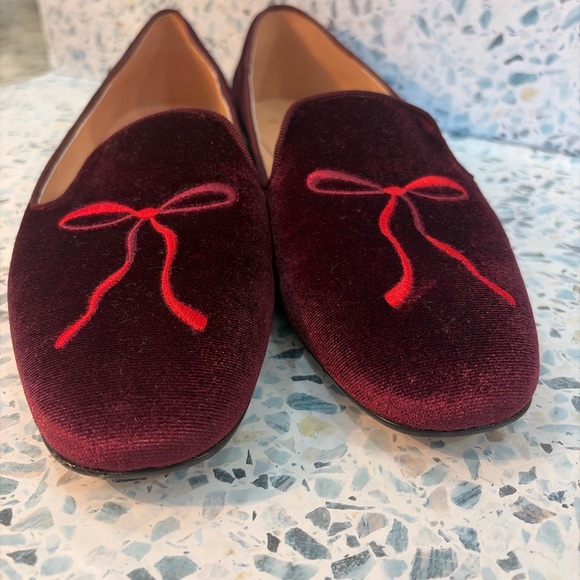 J Crew Velvet Bow Smoking Slippers Burgundy Flats Italy 8.5 - Picture 2 of 7
